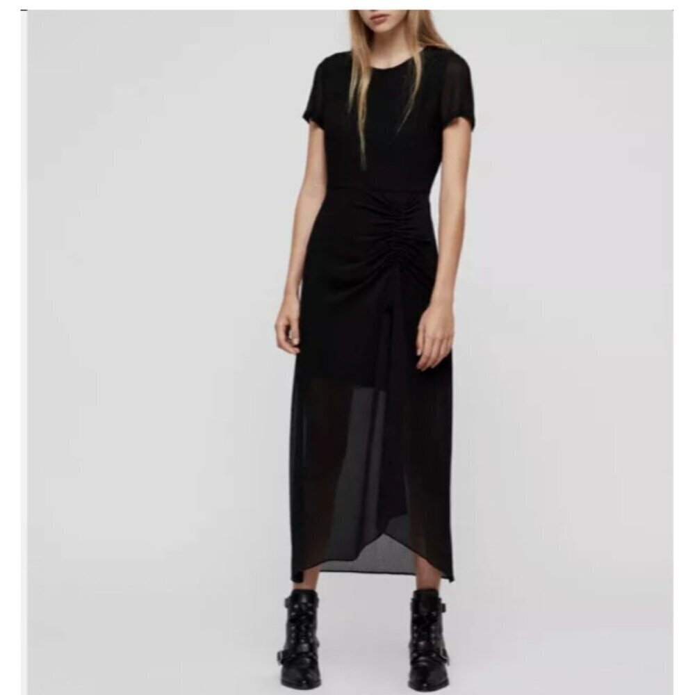 AllSaints Dress Black‎ Ariya Midi Short Sleeve Sheer Gathered Hip Size 00 Goth